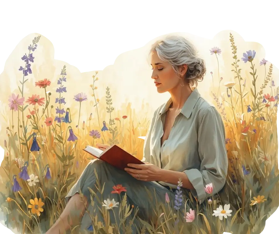 Woman sitting in wild flowers reading Woman sitting in wild flowers reading